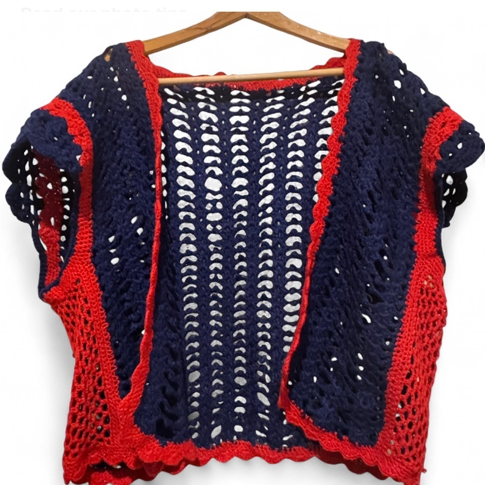 Red and navy crochet top vest boho vibe handmade hand knit open weave sparkly